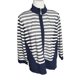 Weekends by Chicos 2 womens zip up striped mesh jacket large 12 black blue